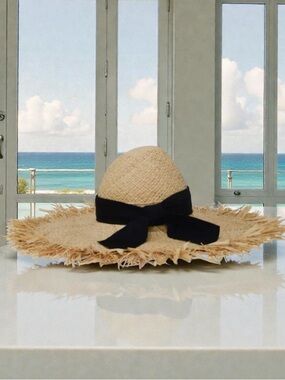 GIGI BURRIS MILLINERY ETE NATURAL feather grosgrain ribbon frayed straw hat